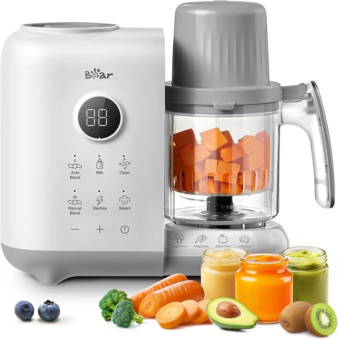 Bear Baby Food Maker with Two Layer Steam Baskets, Multifunction Baby Food Processor Steamer Puree Blender, Baby Food Mill with Bottle Warming Sterili-zing Auto Cleaning Function, BPA-Free, White