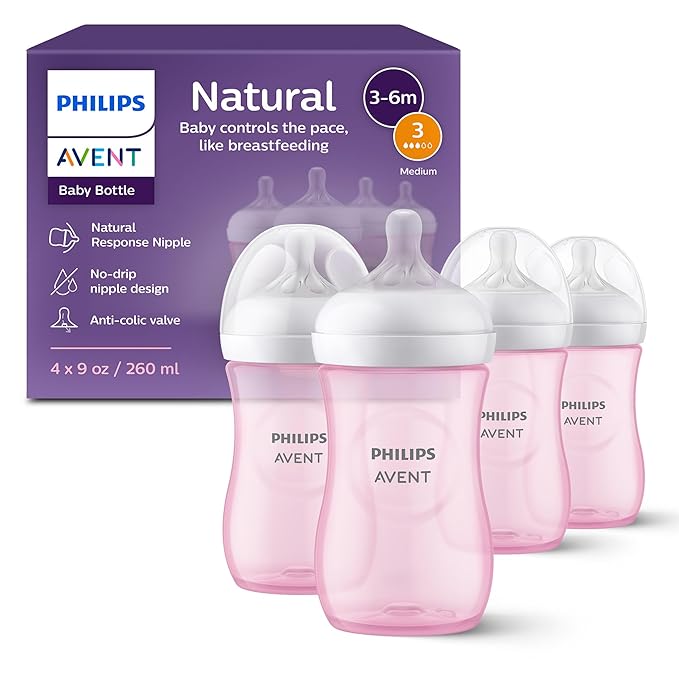 Philips Avent Natural Baby Bottles with Natural Response Nipples (Medium Flow, Flow 3), 9oz, Pink, 4-Pack, SCY903/14