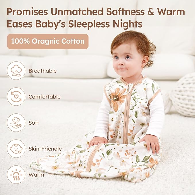 Baby Sleep Sack 6-12 Months 3 Pack 100% Cotton Lightweight 0.5 TOG Wearable Blanket Baby Sleep Bag with 2-Way Zipper for Newborn Infant Orange Flowers & Plaid