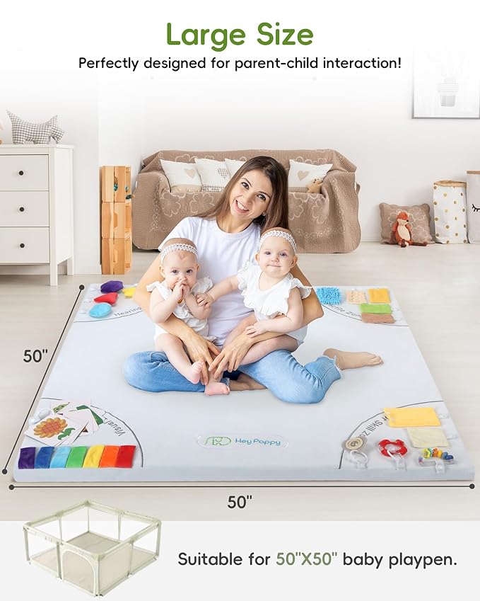 Baby Play Mat, 50''x50'' Playpen Mats with 4 Sensory Development Zones for Motor Skills, Unique Crawling Mats with Non-Slip Cushioned That Fits Nicely into Any Playroom, Grey