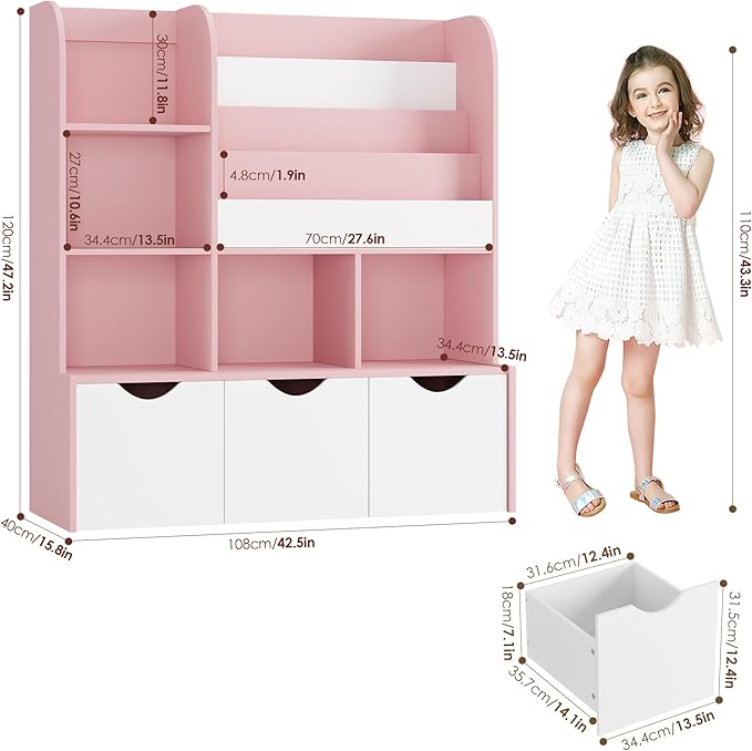 FOTOSOK 47'' Kids Bookcase and Bookshelf, Multifunctional Bookcase with 5 Storage Cubbies and 3 Movable Drawers, Toy Storager Display Stand, Toy Storage Organizer for Bedroom, Playroom, Hallway, Pink