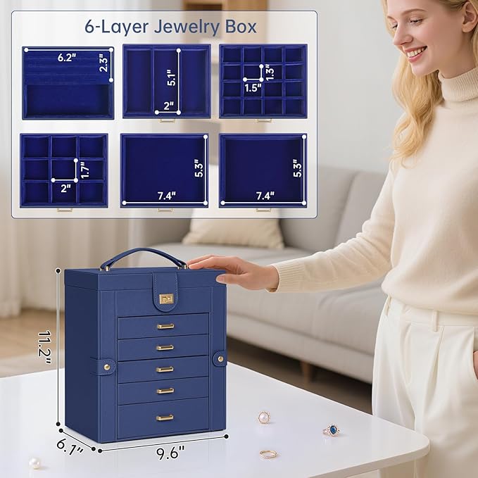 AKOZLIN 6-Tier Jewelry Box Organizer Functional 5 Drawers Leather Jewelry Storage Case for Women Girls Ring Necklace Earring Bracelet Holder Organizer with Mirror Blue