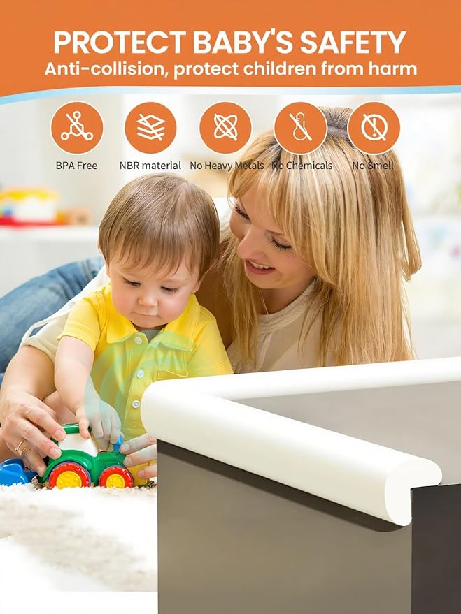 Baby Proof Edge Corner Protector, 6.56FT 0.47''Th L-Shape Furniture Corner & Edge Safety Bumpers with 6 Corners, Pre-Taped, Soft NBR Rubber Foam Desk Edge Cushion Wall Corner Protector（White）