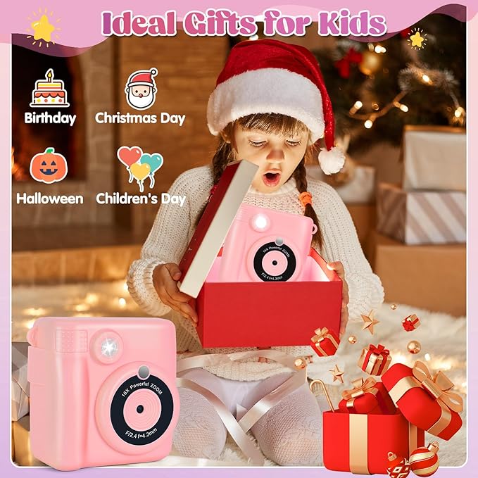 Instant Print Camera for Kids - 2.4 Inch Kids Camera Instant Print with Paper & 32G Card- Digital Children Toys as Christams Birthday Gifts for Girls Boys Age 3-12 - Pink
