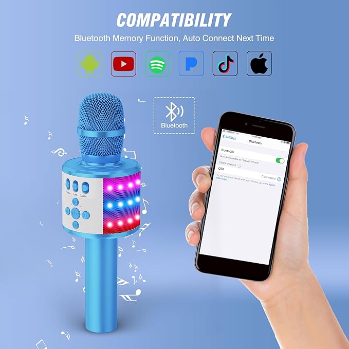 BONAOK Karaoke Microphone for Kids & Adults - Bluetooth Microphones Singing Mic with Disco Lights, Echo Effect, Built-in Speaker Portable Karaoke Player for Party Travel Gifts Q78(Blue)