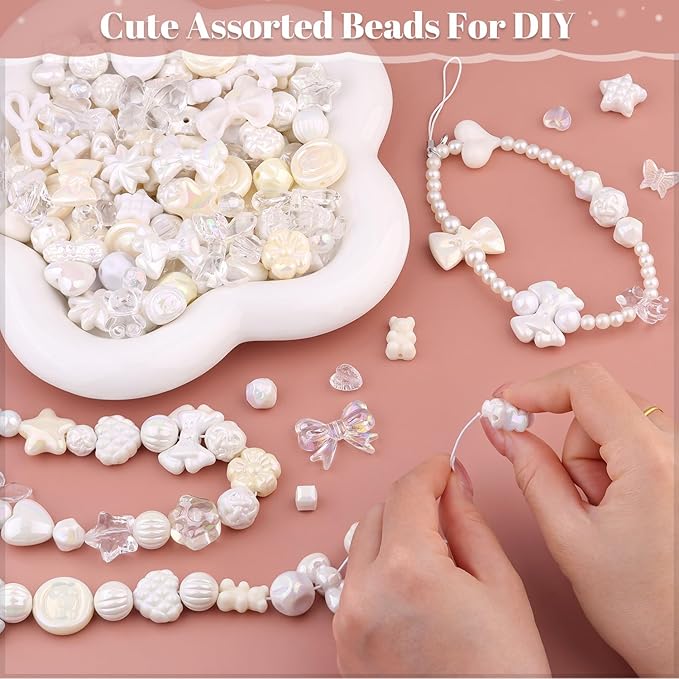 Assorted 170-230PCS White Acrylic Beads for Bracelet Making, Flower Bow Butterfly Candy GummyBear Aesthetic Bracelet Charms,Cute Beads for Jewelry Making DIY Necklace Keychain Phone Charm