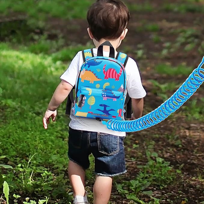 Accmor Toddler Backpack Leash with Anti Lost Wrist Link, Cute Mini Child Walking Harnesses Keep Kids Close Back Pack Rope Tether Rein for Baby Boys (Light Blue/Dino)