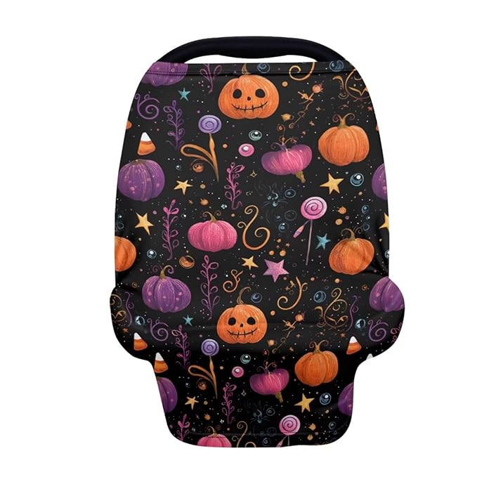 Binienty Infant Carseat Canopy, Cute Halloween Pumpkin Nursing Cover Soft Breathable Baby Car Seat Covers, Gifts for Mom Lover Wife