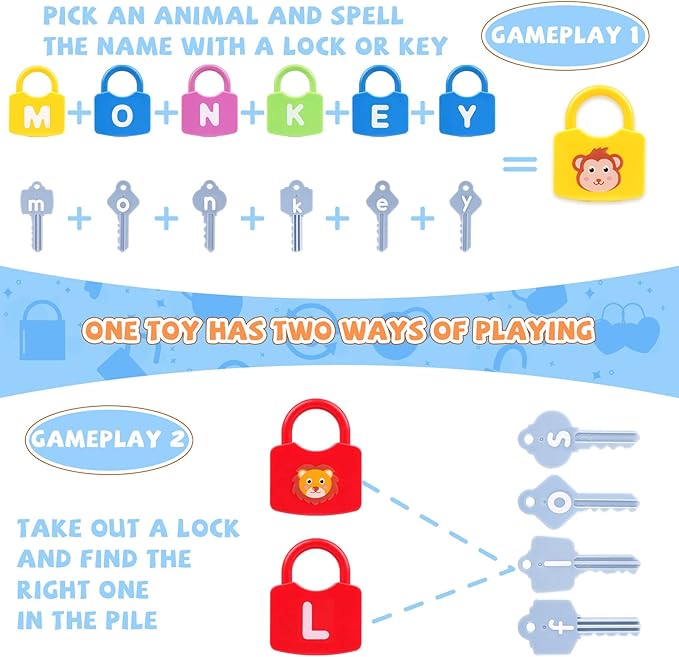 AXEARTE Montessori Educational Toys - Alphabet Learning Locks and Keys for Toddlers - 26 Locks & Keys Set - Baby Sensory Fine Motor Skills Toys - ABC Locks and Keys