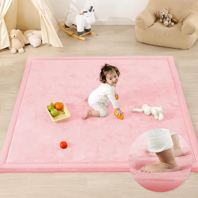 1.3" Thick Baby Play Mat for Floor, 39x59 Foam Tummy Time Mat, Padded Support Soft Plush Nursery Rug for Infant Kids Toddler Crawling Kick Activity (Pink)