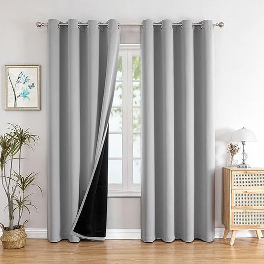 ChrisDowa 100% Blackout Curtains for Bedroom with Black Liner, 2 Thick Layers Total Blackout Thermal Insulated Grommet Window Curtains 72 Inch Length 2 Panels Set (Light Grey, 52 x 72 Inch)