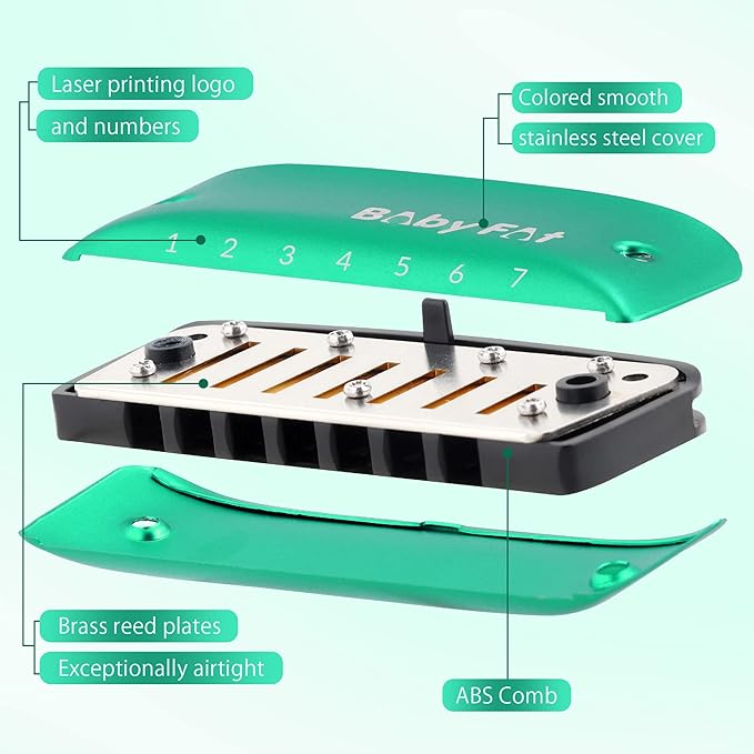 BabyFat 7 Hole Blues Mini Harmonica Set,Diatonic Harmonica with free lanyards,Easy-playing Musical Instrument(Key of F)