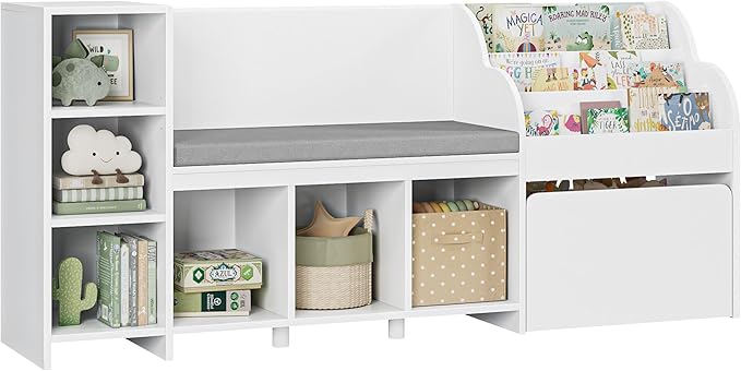 HOSTACK 67" Kids Reading Nook with Bench, Kids Bookshelf and Bookcase with Seat Cushion and 6 Storage Cubbies, Toy Storage Box on Wheels, Toy Chest for Playroom, Bedroom, School, White