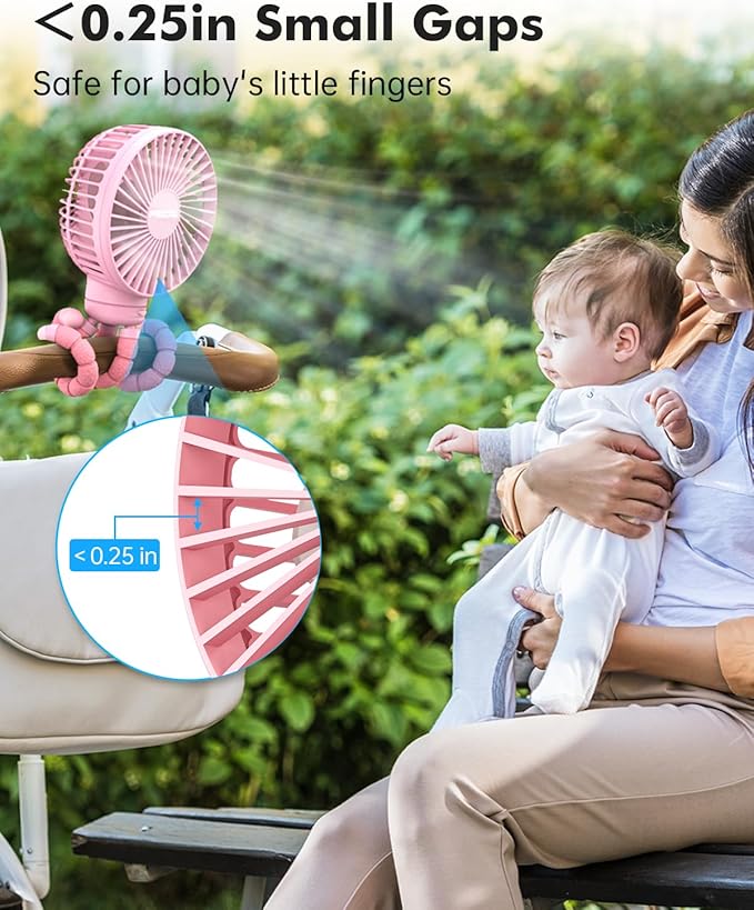 FRIZCOL Stroller Fan for Baby - Portable Fans Rechargeable - Battery Operated Fan(Use for 24Hrs) - Fans for Handheld/Clip On/Car Seat/Desk/Camping (Pink)