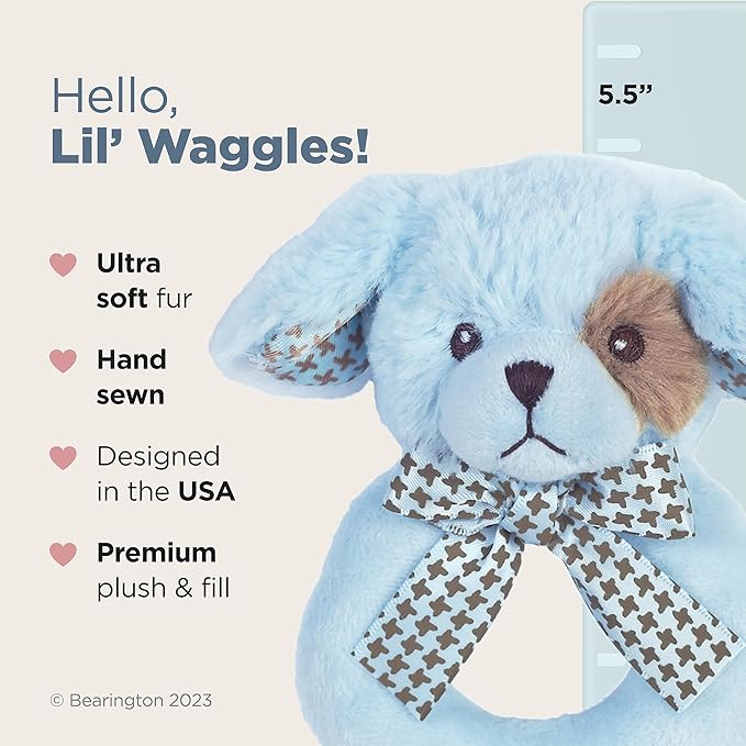 Bearington Baby Lil' Waggles, 5.5 Inch Blue Puppy Dog Plush Stuffed Animal, Soft Baby Boy Rattle - Newborn Boy Toys - Newborn Rattle