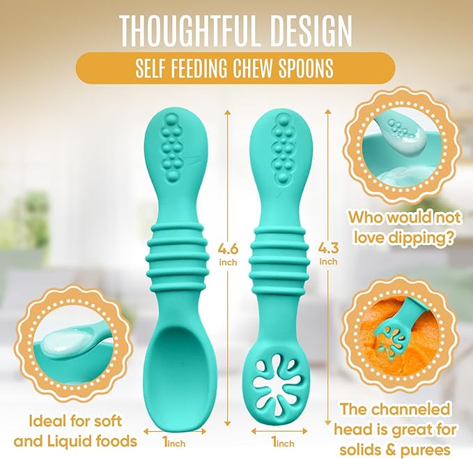 8pc Silicone Baby Spoons & Forks Set – Self Feeding Baby Utensils 6-12 Months – BPA Free, Dishwasher Safe – Toddler Cutlery (Turquoise/Pickle & Green/Yellow)
