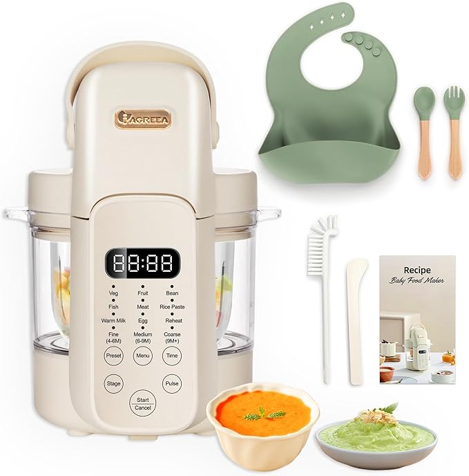 IAGREEA 9 IN 1 Baby Food Maker, 10oz Baby Food Puree Maker, Steamer Puree Blender with 3 Age Groups, Auto Cooking & Grinding, 24-Hour Appointment/450W Heating/Touch Control, Manual Mode, BPA-Free