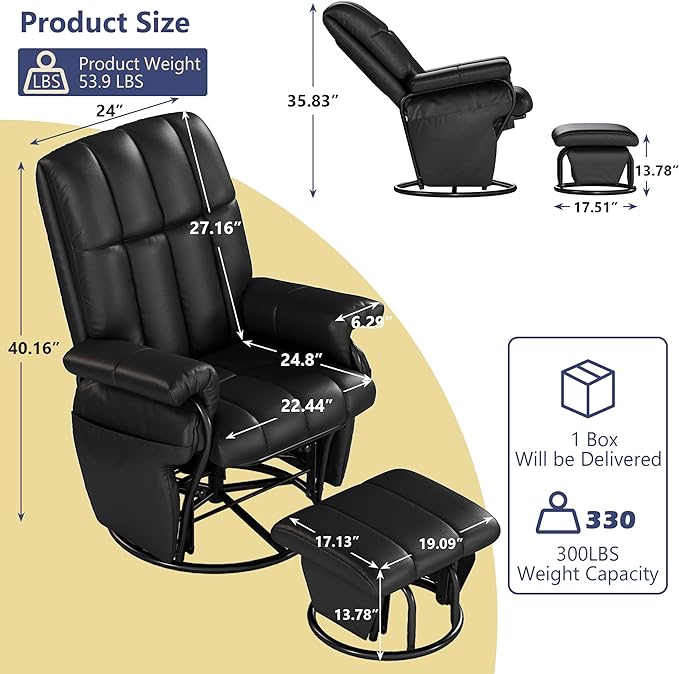 AODAILIHB Swivel Glider Recliner with Ottoman, 360 Rocking Chair with Foot Rest Recliner Chair Indoor Rocking Chair with Side Pockets Nursery Chairs for Living Room, Bedroom, Office (Black)