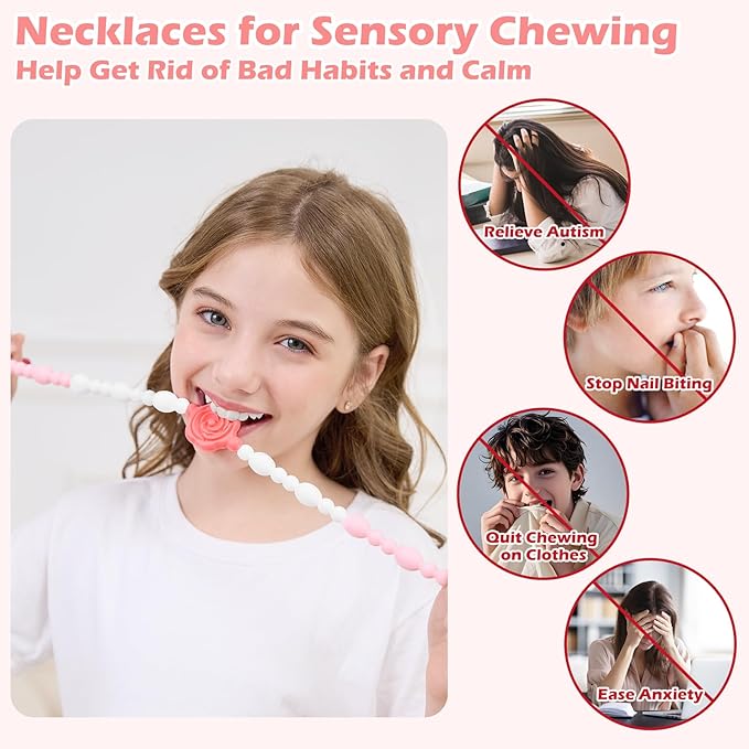 Chew Necklaces for Sensory Kids Adults, Flower Chewy Necklace Sensory Toys for Autism Nail Biting Anxiety, Fidget Necklace Oral Chew Toys, ADHD Tools for Boys Girls