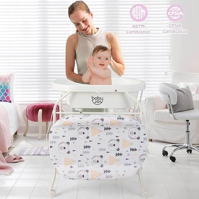BABY JOY Baby Bathtub with Changing Table, Foldable Infant Diaper Changing Station with Storage Tray, Waterproof Pad, Portable Newborn Nursery Organizer Bath Stand with 4 Universal Wheels (White)