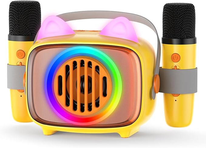 BIGASUO Karaoke Machine for Kids, Mini Portable Bluetooth Speaker with 2 Wireless Microphones and LED Lights, Kids Toys Ideal Gifts for Girls & Boys Birthday Home Party