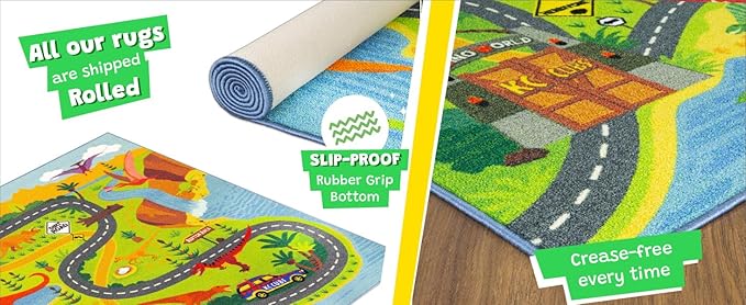 KC Cubs 8x10 Dinosaur Toy Car Dino Road Rug – Educational Play Mat Carpet for Kids, Toddlers, Nursery, Classroom, Playroom, Baby Daycare, Boys & Girls