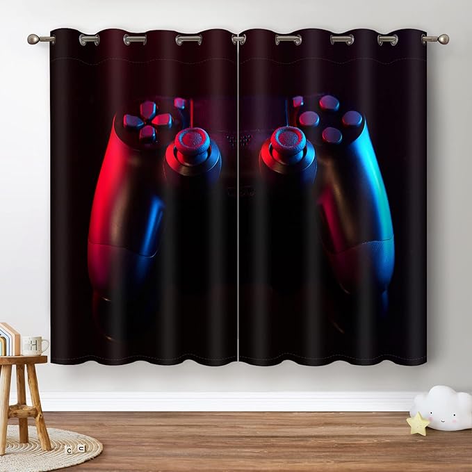 Jekeno Game Controller Blackout Curtains for Kids Boys Teens Bedroom Colorful Video Game Gamer Gaming Gamepad Decor for Home Living Room Grommet Window Drapes 2 Panel Set, 52"x84"