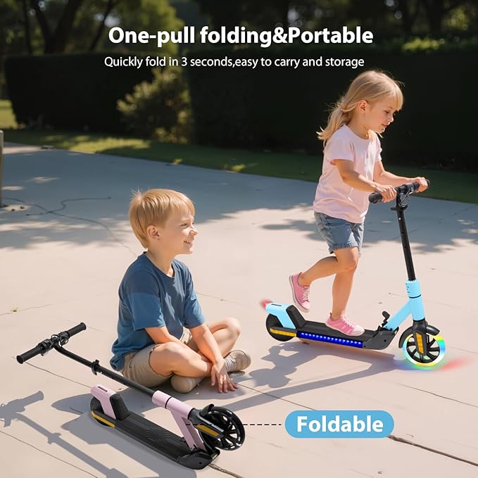 Electric Scooter for Kids Ages 6-12， Max Speed 6.5MPH, max Range 6Miles， with Acceleration Throttle and Electronic Brake， Foldable and Height Adjustable Kids Electric Scooter