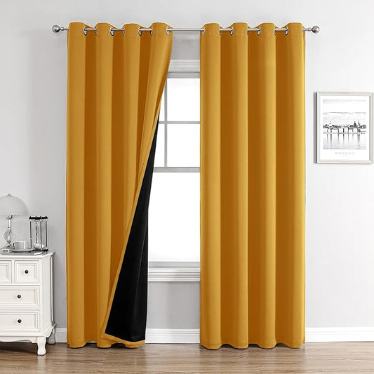 ChrisDowa 100% Blackout Curtains for Bedroom with Black Liner, 2 Thick Layers Total Blackout Thermal Insulated Grommet Window Curtains 2 Panels Set (Mustard Yellow, 52 x 84 Inch)