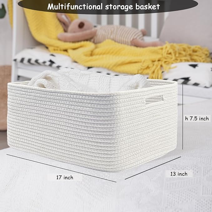 COMFY-HOMI Cotton Rope Woven Basket with Handles for Shelves,Toys,Book, Cloth Storage Baskets for Organizing-17" x 13" x 7.5" Toy Decorative Organizer for Living Room, Bathroom （All White）