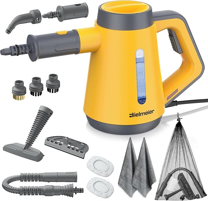 Handheld Pressurized Steam Cleaner - 15s Quick Start, Multi-Functional for Home, Kitchen, Bathroom, 8 Attachments, Chemical-Free, Safe & Efficient Cleaning Solution, Yellow & Grey