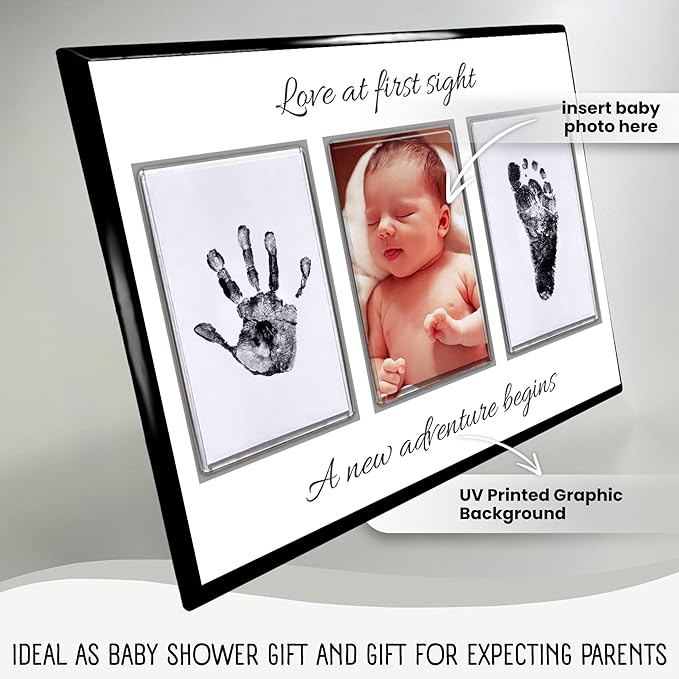 Baby Hand and Footprint Kit with Photo & Birth Details, Inkless Hand and Footprint Kit, Newborn Keepsake Plaque, Baby Shower Gifts (STYLE 2 (Baby Shower) (Love At First Sight))