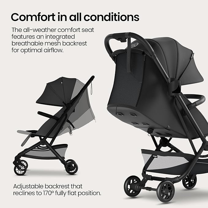 Mompush Velo Lightweight Travel Stroller – One-Hand Fold, Ultra-Compact & Airplane Friendly, Lie-Flat Recline Seat (from Birth to 50 lbs), Includes Cup Holder, Shoulder Strap, and Leather Bumper Bar