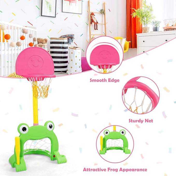 Costzon Toddler Basketball Hoop, 3-in-1 Sports Set for Basketball, Baseball & Football, 6 Height Adjustable Basketball Toy Activity Center for Indoor & Outdoor, Best Gift for Kids (Cute Frog)