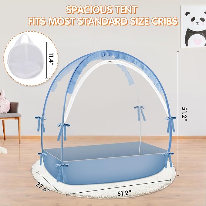 Crib Tent to Keep Baby from Climbing Out - Crib Net to Keep Baby in - Pop Up Breathable Cribs Cover - Canopy with Upgrade Strong Mesh and Durable Zipper (Blue, Lager)