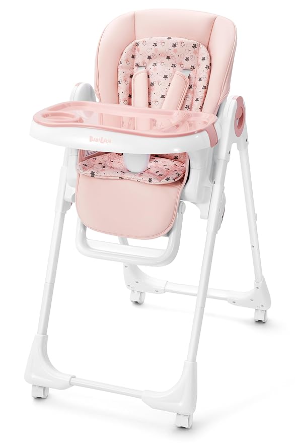 Foldable High Chair with Soft Cushion, High Chairs for Babies and Toddlers, Height Adjustable Feeding Chair, Adjustable Backrest and Footrest, Lockable Wheels, Star Pink