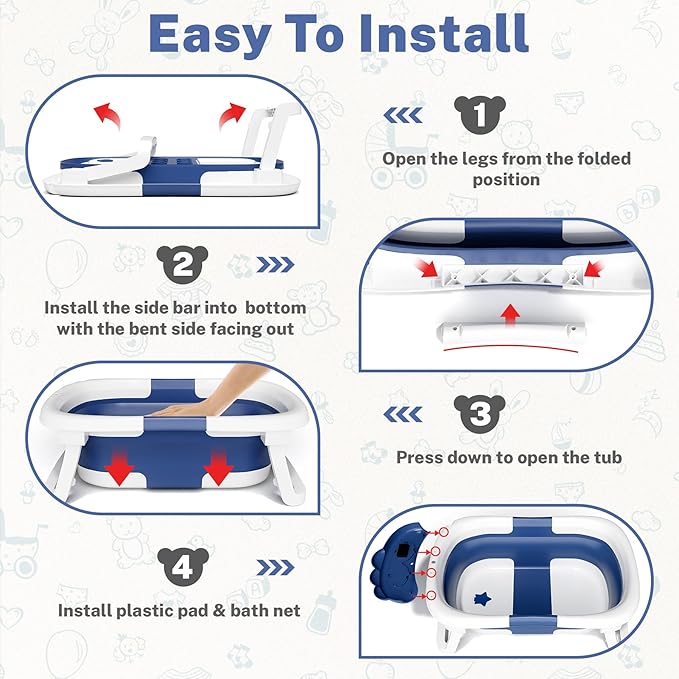 AVIDOR Baby Bathtub,Collapsible Bathtub for Newborn to Toddler,Durable Essential Infant Bath Tub,Portable Travel Baby Tub with Soft Bath Net,No-Slip Feet and Dinosaur Shaped (Navy Blue)