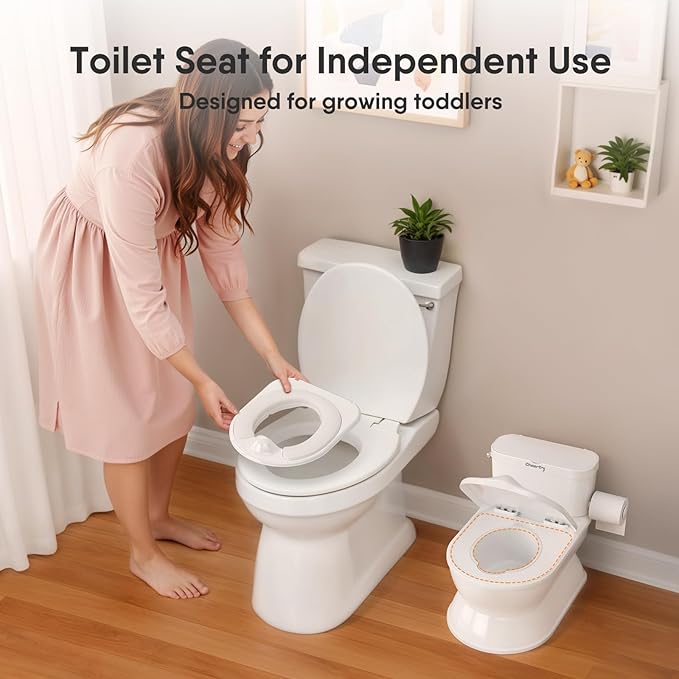 2-in-1 Toddler Potty Training Toilet - Larger Potty Chair & Detachable Training Seat for Boys & Girls Ages 1-3 with Flushing Sound, Wipes Storage, Toilet Paper Holder