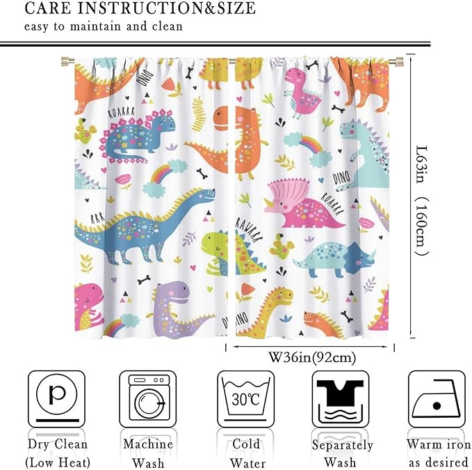 Cartoon Dinosaur Curtains for Kids Boys Girls Home Decor Childish Cute Dino Animals Print Pattern Rod Pocket Blackout Window Drapes for Nursery Baby Bedroom Playroom W36xL63in 2 Panels