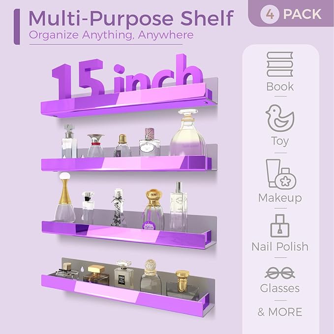 4 Pack 15 Inch Purple Reflective Acrylic Shelves, Purple Floating Shelves, Modern Sunglasses Essential Oil Picture Ledge Display Toy Storage Shelf