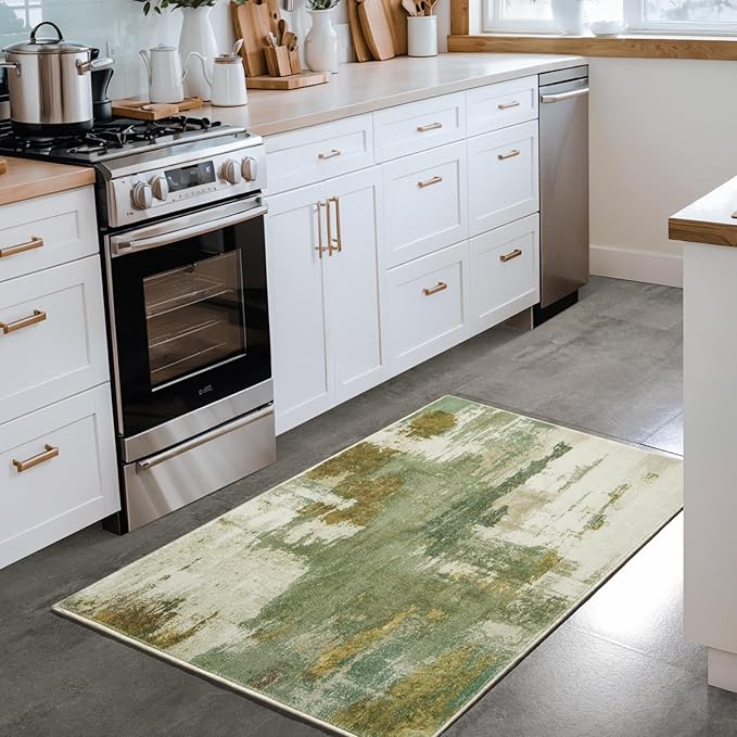 Entryway Rug 2x3 Green Rug, Washable Abstract Small Rugs Non-Slip Low Pile Throw Rugs for Kitchen Floor, Front Door, Bedroom Bedside