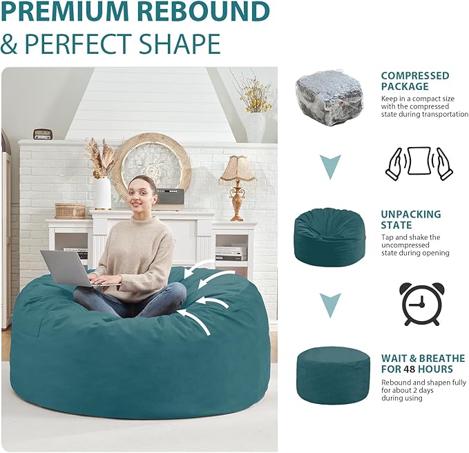 4FT Bean Bag Chair, Large Bean Bag Chairs with Memory Foam Filled, Fluffy Beanbag Sofa with Dutch Velvet Cover, Round BeanBag Chairs for Living Room, Playroom - Sea Blue