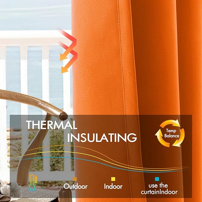 ANRODUO Back Tab Blackout Curtains for Bedroom Living Room, Rod Pocket Pinch Pleated Thermal Insulated Room Darkening Curtains 96 Inches Long 2 Panels, Orange, 42 x 96 Inch