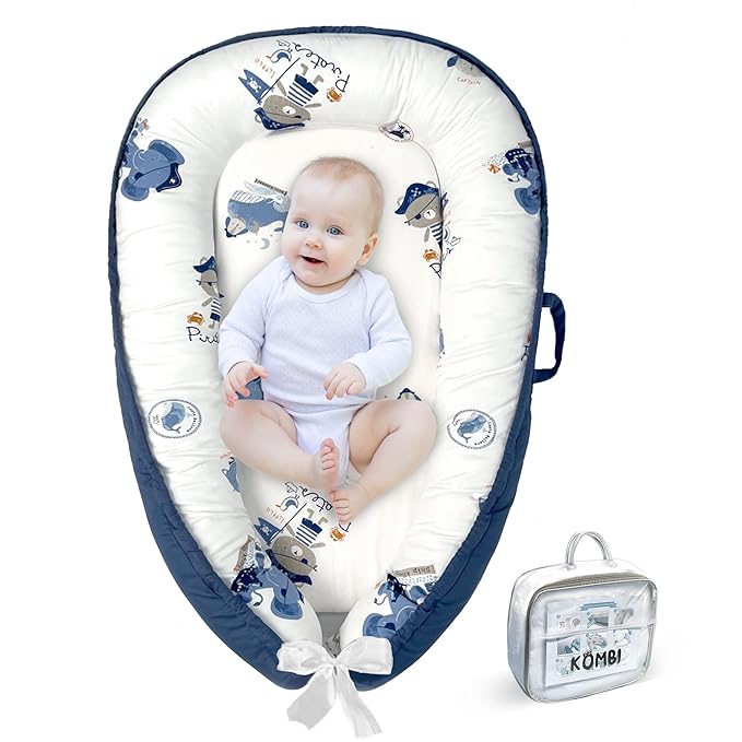 Baby Lounger - Baby Lounger for Newborn 0-24 Months, Breathable, Soft Cotton Baby Nest, Portable Infant Lounger for Home & Travel, Newborn Essentials Gift (Blue Elephant)