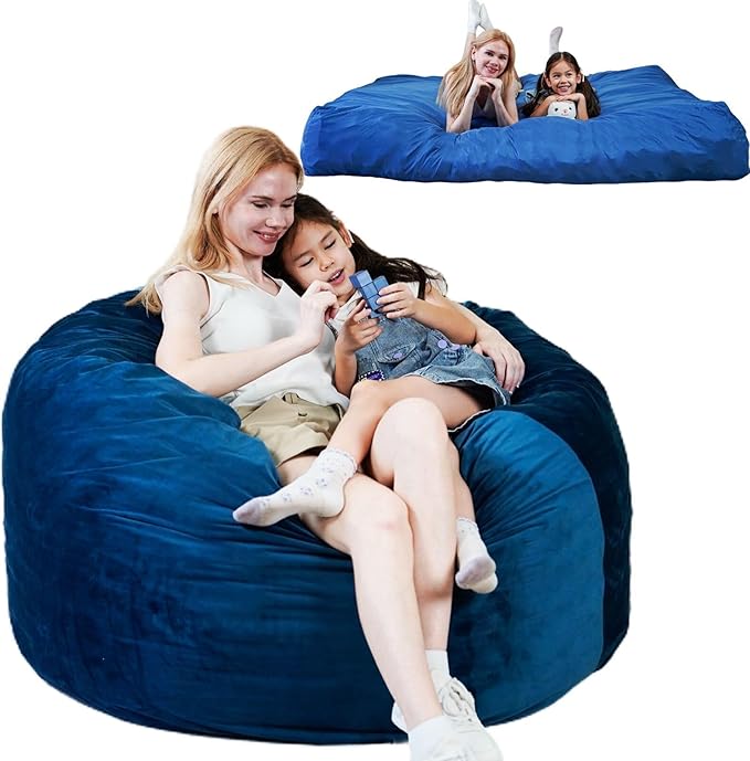 Bmag Giant Bean Bag Chair for Adults, 6FT Bean Bag Chair Convertible Bean Bag Pad, Lazy Sofa Chairs with Memory Foam Filler, Removable Washable Cover for Living Room Bedroom Office - Blue