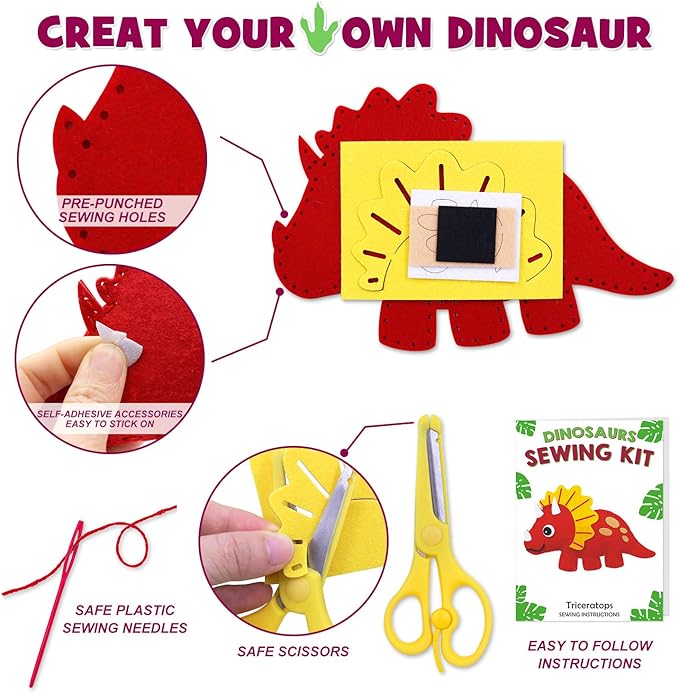 CiyvoLyeen Dinosaur Sewing Kit Dinosaur Felt Animal DIY Crafts for Girls and Boys Educational Sewing for Kids Art Craft Kits for Beginners
