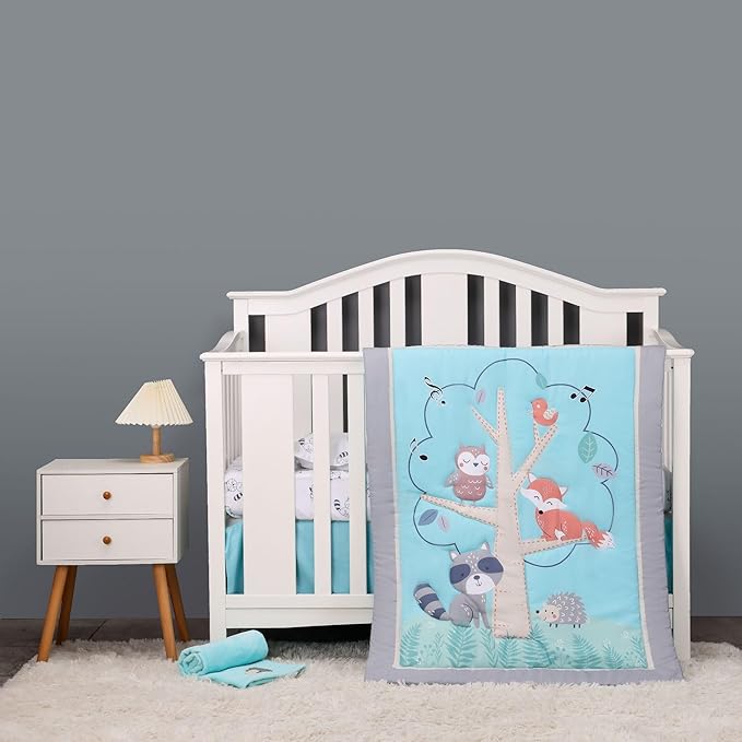Blue Woodland Nursery Crib Bedding Set for Boys 3 Pieces Fox Owl Raccoon Baby Boy Cot Bedding Set