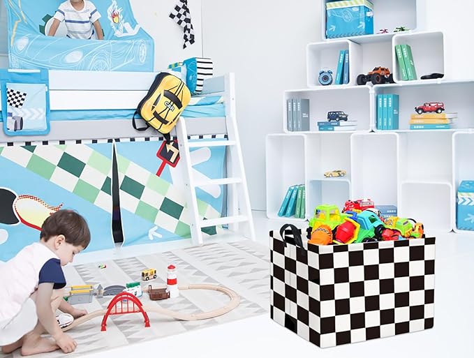 HIYAGON Rectangular Car Basket for Boys Checkered Basket Kids Baby Storage Bin Toy Organizer Box Car Room Decor(Racing Flag)