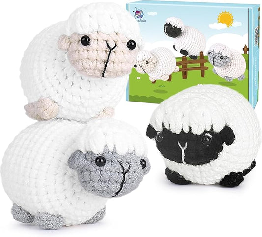 Crochet Kit for Beginners, Crochet Starter Kit with Step-by-Step Video Tutorials, Amigurumi Crochet DIY Knitting Supplies for Adults Kids, 3-Pack Little Lambs (40%+ Yarn)