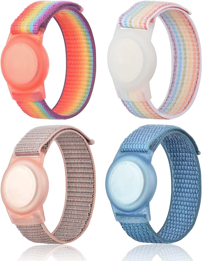 4 Pack Kids Wristband Compatible with Apple AirTag, Protective Case for Air Tag GPS Tracker Holder with Nylon Bracelet, Adjustable Anti Lost Watch Band for Toddler Child Elder (Rainbow & Blue & Pink)